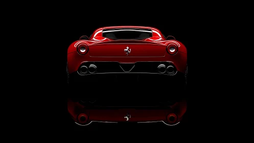 Scarlet supercar silhouette poised in midnight mirror glow.