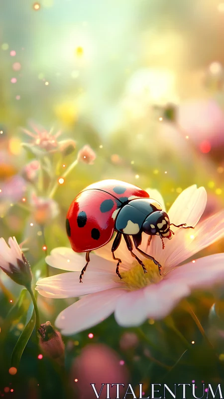 Ladybug close-up on soft pink flower in glowing garden.