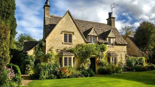 Sunlit Cotswold stone cottage with manicured English garden foreground
