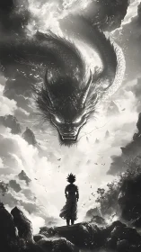 Monochrome sky-dragon manifestation confronting lone warrior.
