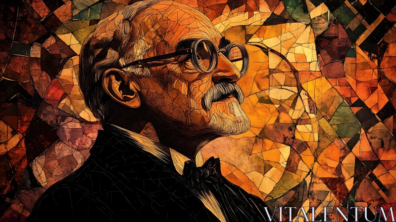 Elder thinker crowned in stained glass geometry and ember light.