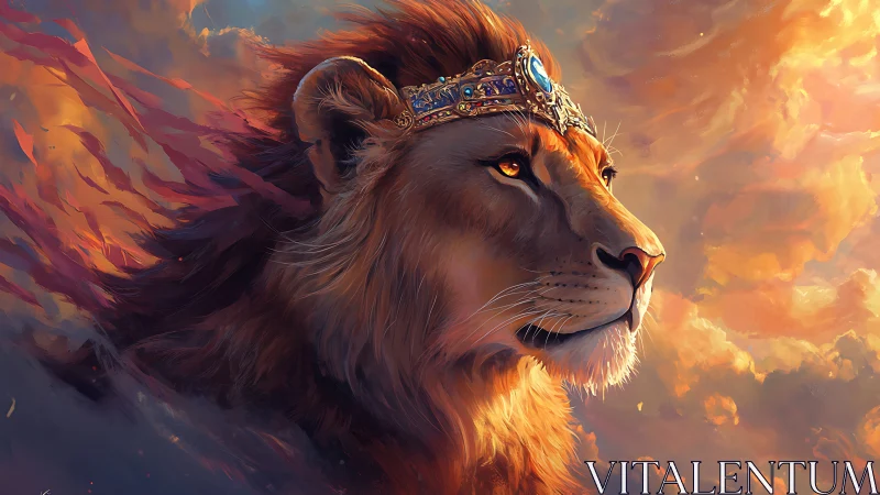 Regal lion king gazes through blazing, dreamlit skies.