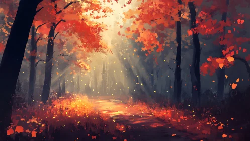 Autumnal Forest Canopy with Radiating Volumetric Illumination