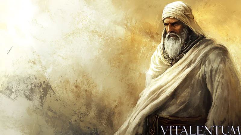 Elderly robed man in desert-toned digital portrait scene.