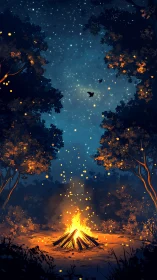 Campfire Under Starlit Forest Canopy.