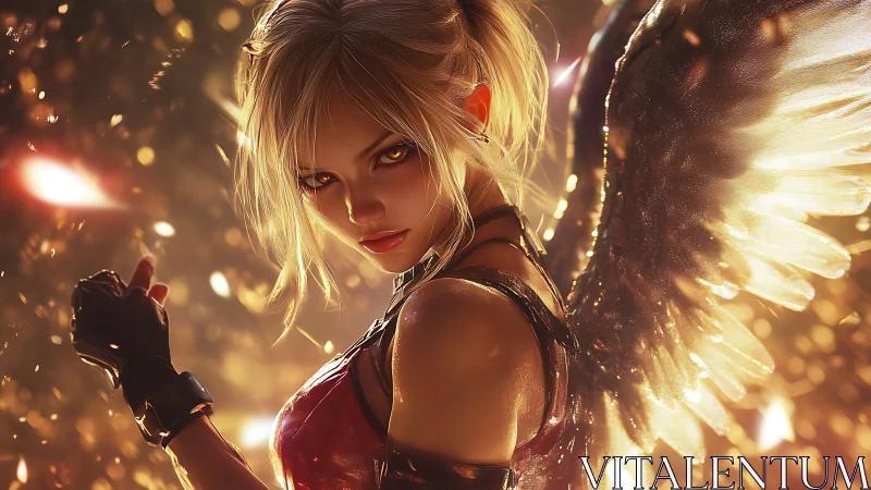 Fierce winged warrior stands in burning golden embers of dusk