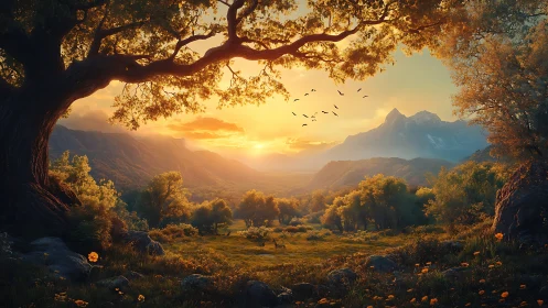 Golden valley sunrise welcomes a peaceful mountain morning