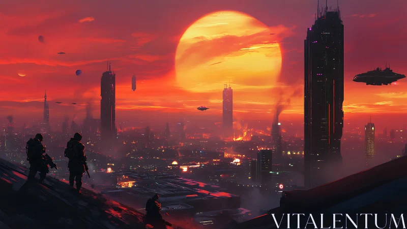Futuristic soldiers overlooking burning sci fi megacity at dusk.