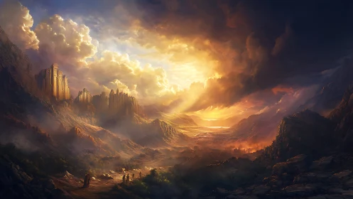 Golden citadel crowns vast storm-lit fantasy valley.