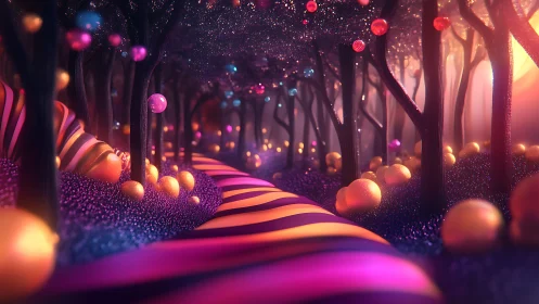 Striped pathway through stylized glowing forest landscape.