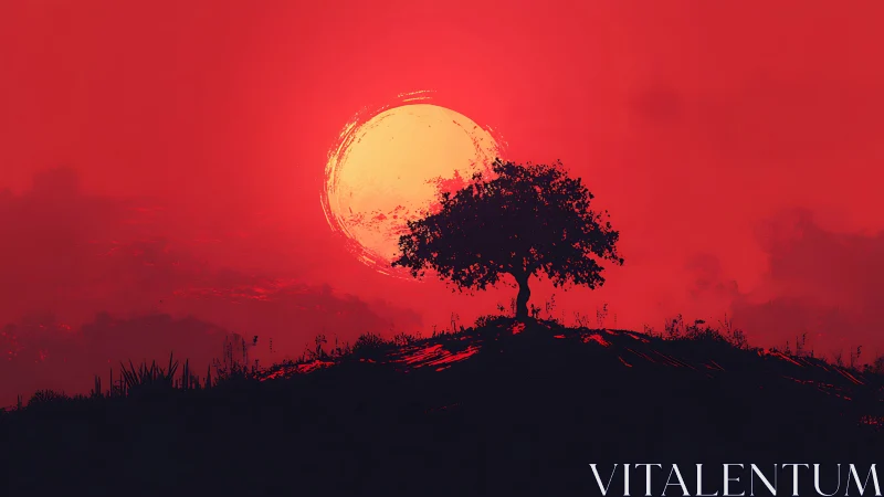 Solitary hilltop tree glowing under a fiery red sunset.