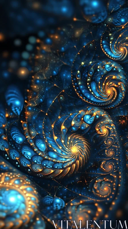 Spiral fractal pattern displays glowing blue and orange forms