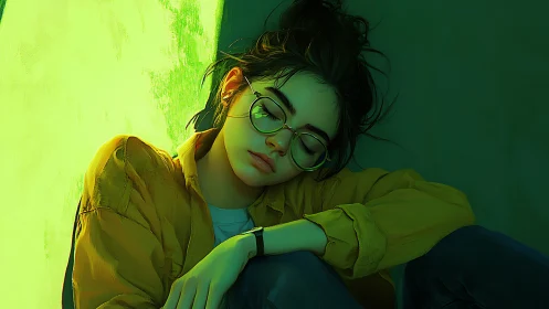 Young person resting against wall in green side lighting.