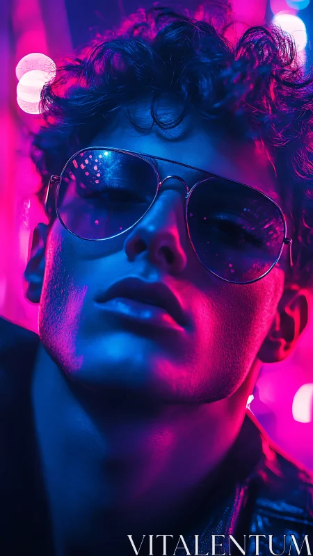 Neon-drenched cyberpunk portrait with reflective aviator lenses.