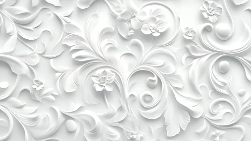 Elegant white floral relief pattern with intricate swirling motifs.