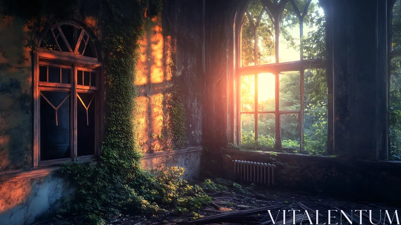 Sunlit ivy in an abandoned room with tall arched windows.