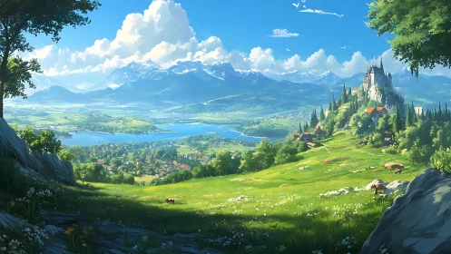 Bright fantasy valley with lakeside town and hilltop castle.