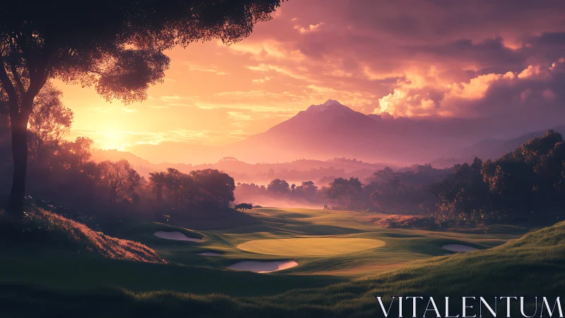 Sunlit mountain golf fairway under dramatic twilight sky