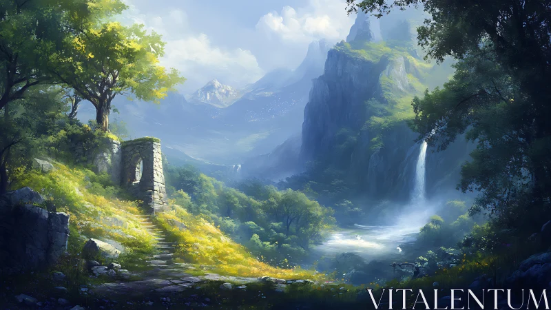 Luminous valley cascade with ancient stone archway ruins.