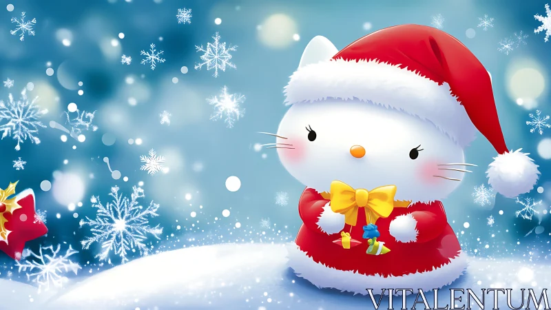 Kawaii winter cat in Santa costume, stylized anime illustration.