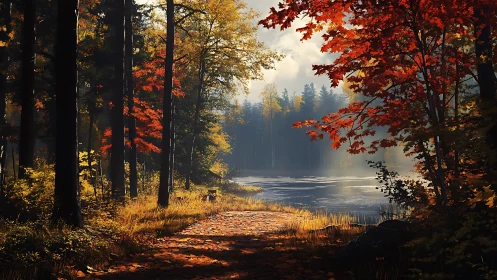 Autumn forest landscape with calm lake and fall foliage