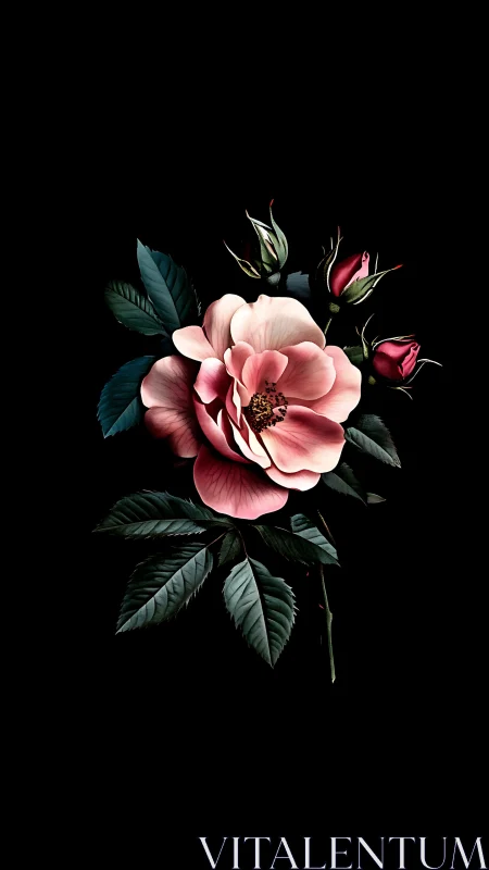 Pink Rose Bloom Against Black Background with Delicate Buds