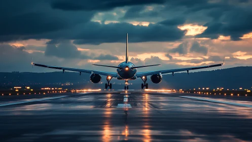 Stormy runway glow with a quietly determined jetliner.
