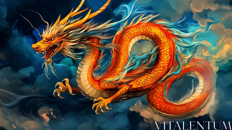 Fiery sky dragon curls through swirling clouds in vivid color