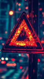 Illuminated triangular road sign in night urban traffic.