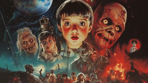 Collage of children, undead figures and space backdrop imagery.
