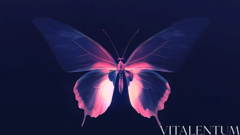 Neon butterfly spreads translucent wings on deep indigo field