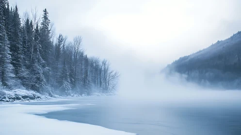 Winter forest shoreline wrapped in fog over frozen lake.