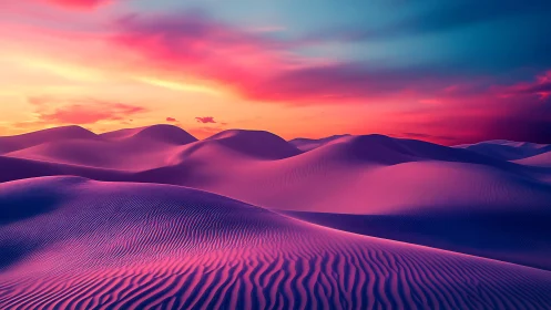 Neon-lit desert dunes roll beneath a vivid twilight sky.