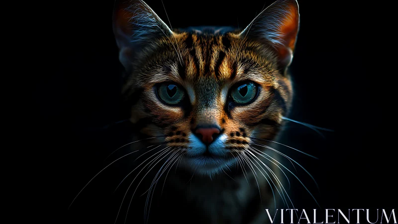 Midnight tiger cat emerges from shadow with emerald gaze.
