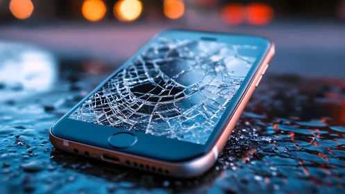 Photorealistic close-up of cracked smartphone on wet pavement.