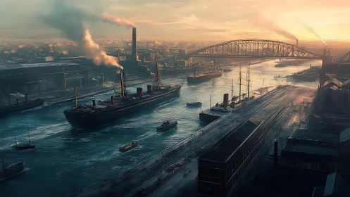 Industrial harbor river scene shows steamships and bridge