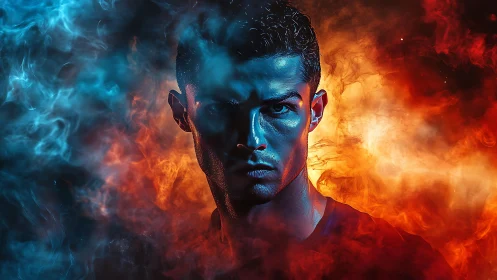 Dual-tone athlete portrait with cinematic fire and smoke lighting.