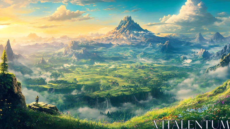 Expansive fantasy valley panorama with luminous alpine atmosphere.