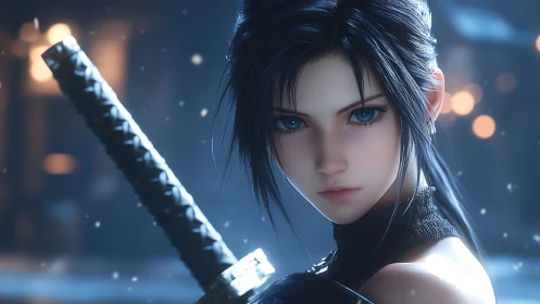 Midnight-eyed sword maiden amid drifting winter sparks.