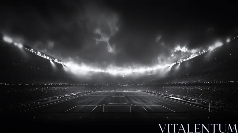 Floodlit football stadium under heavy clouds at night.