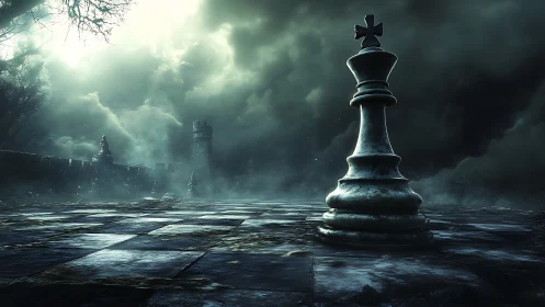 Large king chess piece on misty outdoor stone board.