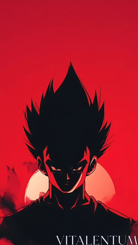 Shadow warrior silhouette before a burning anime sun.