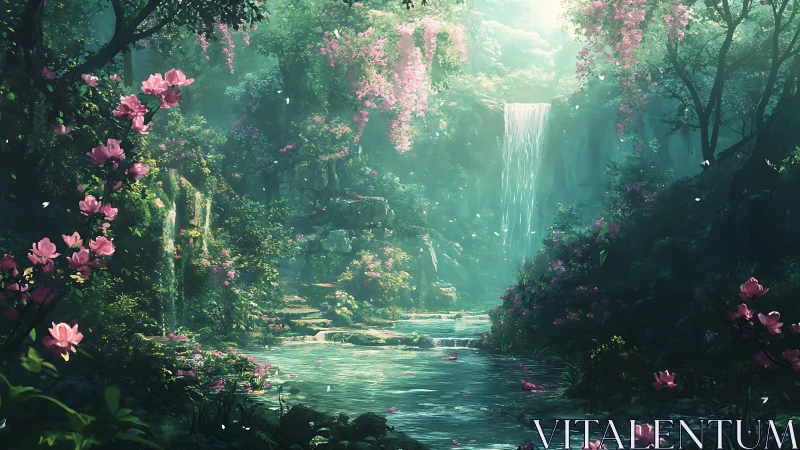 Lush forest waterfall flows into reflective flowered lagoon