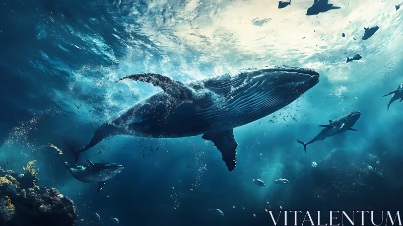 Ocean colossus gliding through sapphire cathedral light.