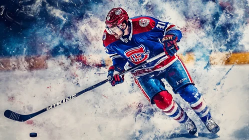 Hockey player charges forward amid explosive icy colors.