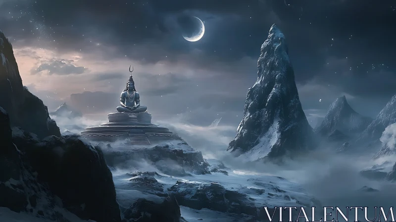 Moonlit mountain temple with serene meditating deity.