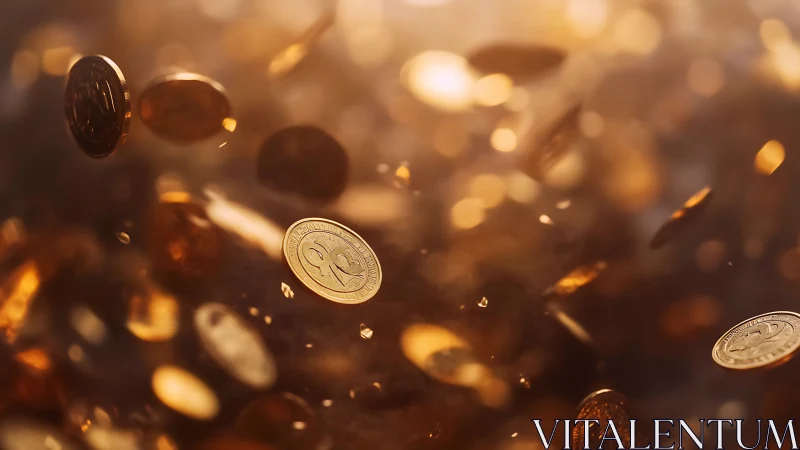 Volumetric cascade of golden coins in shallow depth blur field.