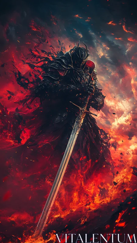 Infernal armored greatsword warrior in erupting volcanic fire