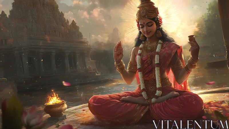 Hindu goddess in red sari meditating by temple water at dusk.