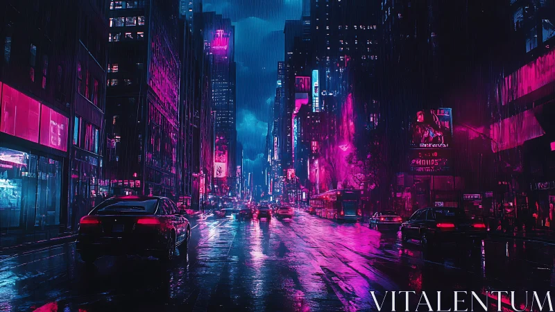 Neon-soaked futuristic city street with reflective rain surfaces.